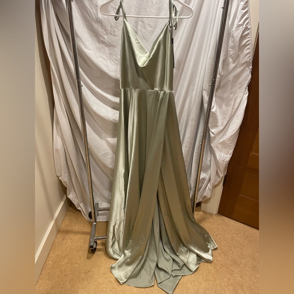 Cinderella Divine Sage, Cowl Neckline, Leg Slit, Satin, A Line Dress